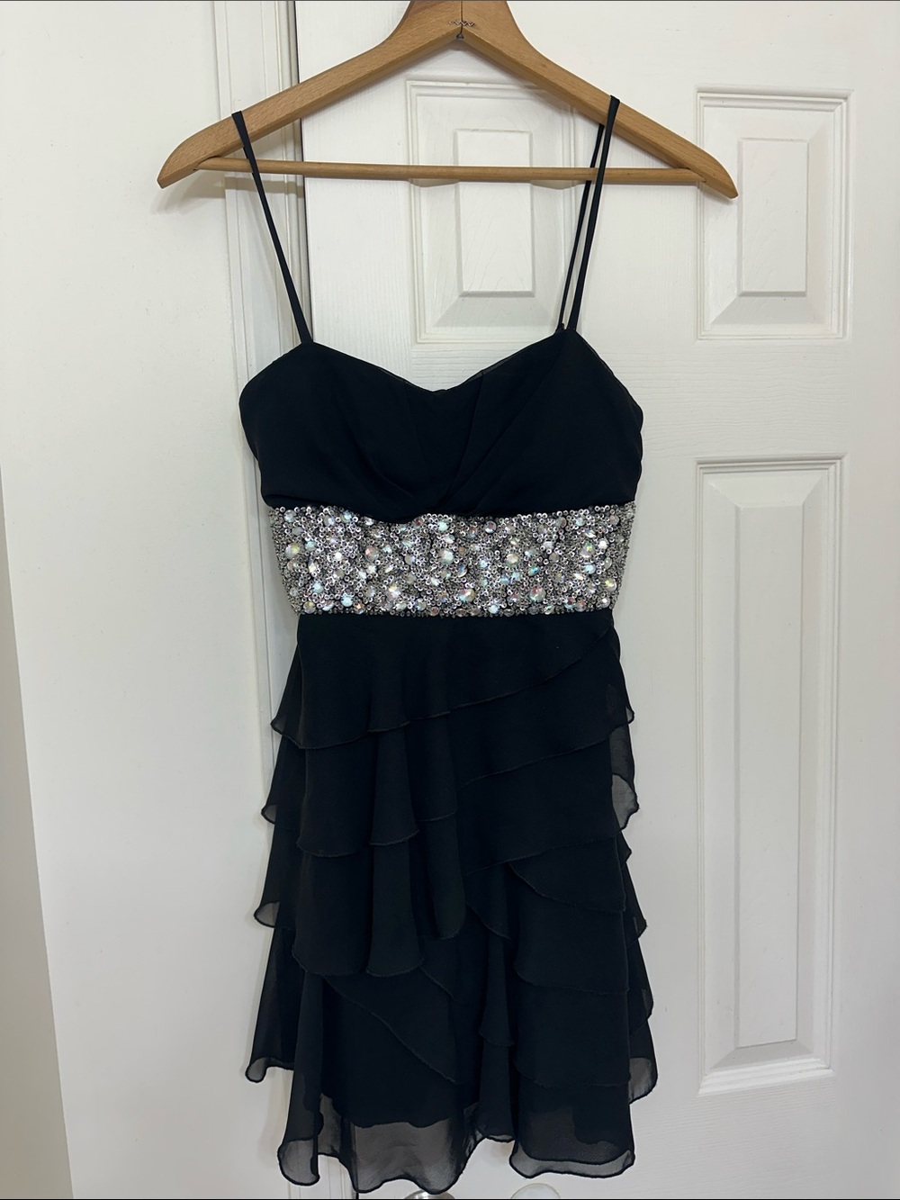 B Darlin Black Spaghetti-Strap Dress with Crystal Beaded Waist